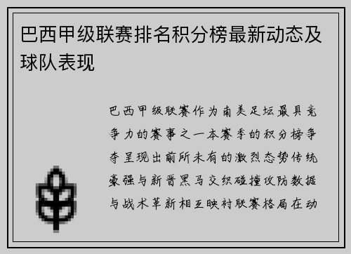 巴西甲级联赛排名积分榜最新动态及球队表现