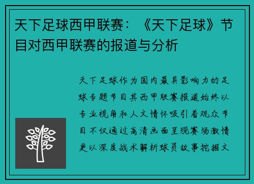 天下足球西甲联赛：《天下足球》节目对西甲联赛的报道与分析